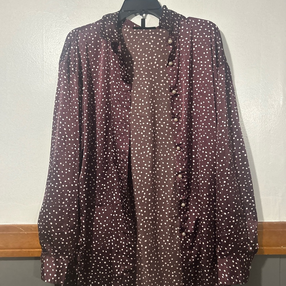 Polka Dot Button-Front Blouse in Plum